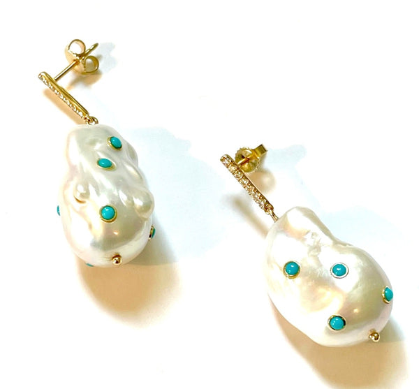Pave Diamond Drop Baroque Pearl Earrings with Turquoise
